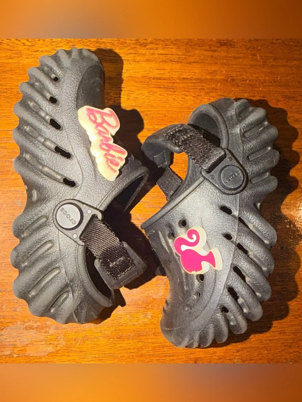 Crocs C6 Kids Black Clog Slip On w/ Barbie Jibbitz Charms Adjustable Strap Girls